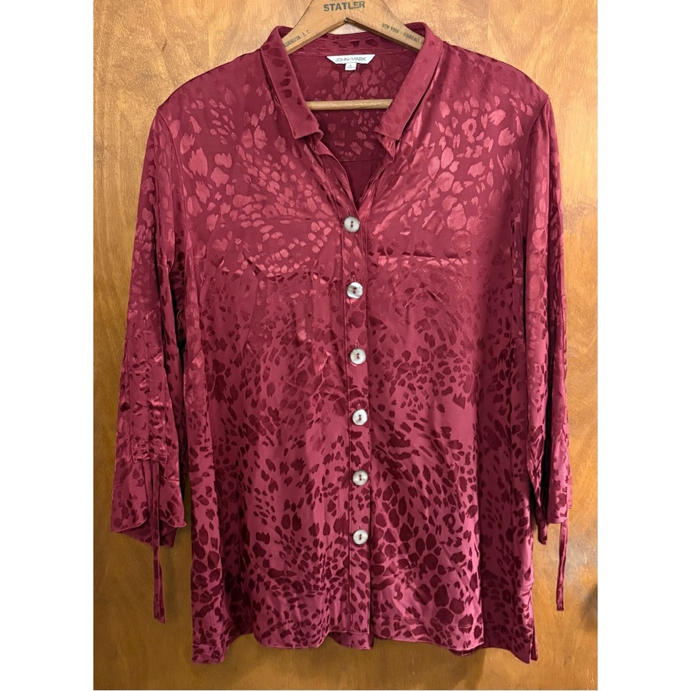 John Mark Red Burgundy Metallic Leopard Print Blouse Top Tunic Large Artsy Boho